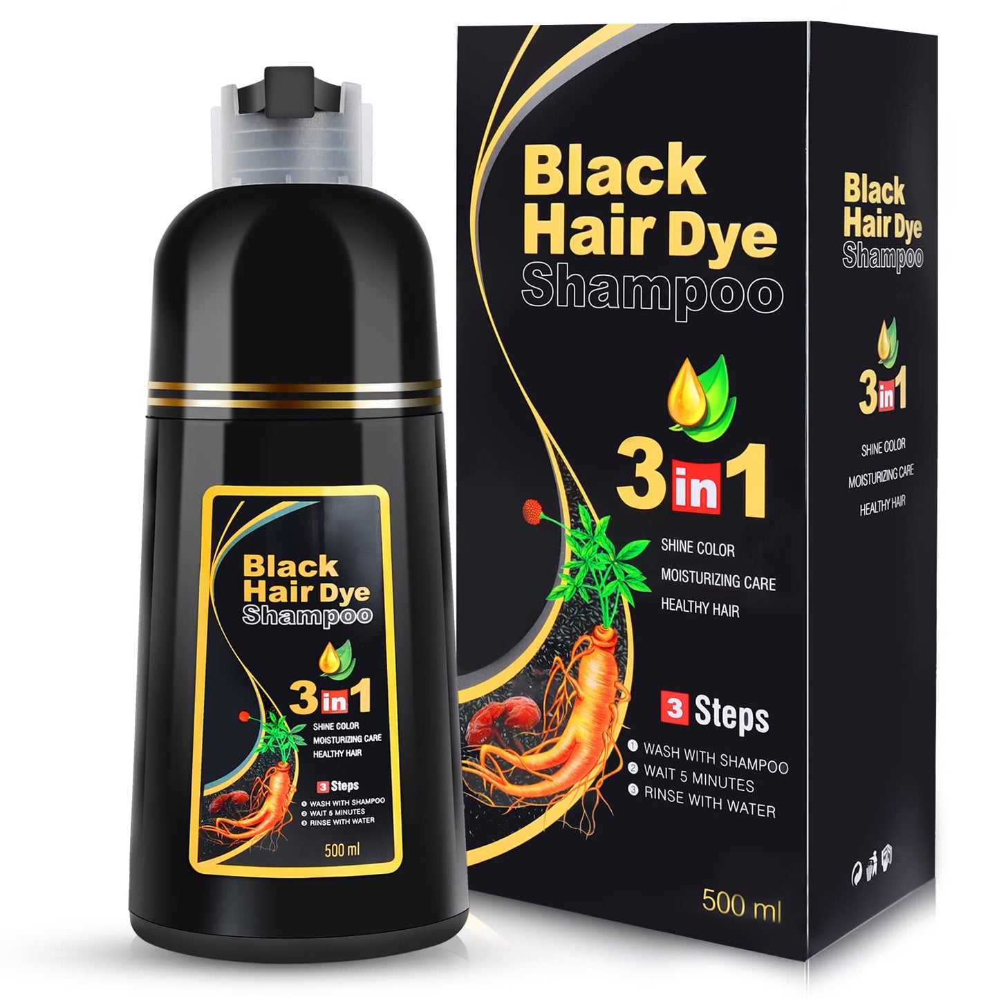 BOJICA Black Hair Dye Shampoo for Gray Hair Coverage, 3 in 1 Semi-Permanent Color Shampoo for Women & Men Herb Ingredients 500 ML