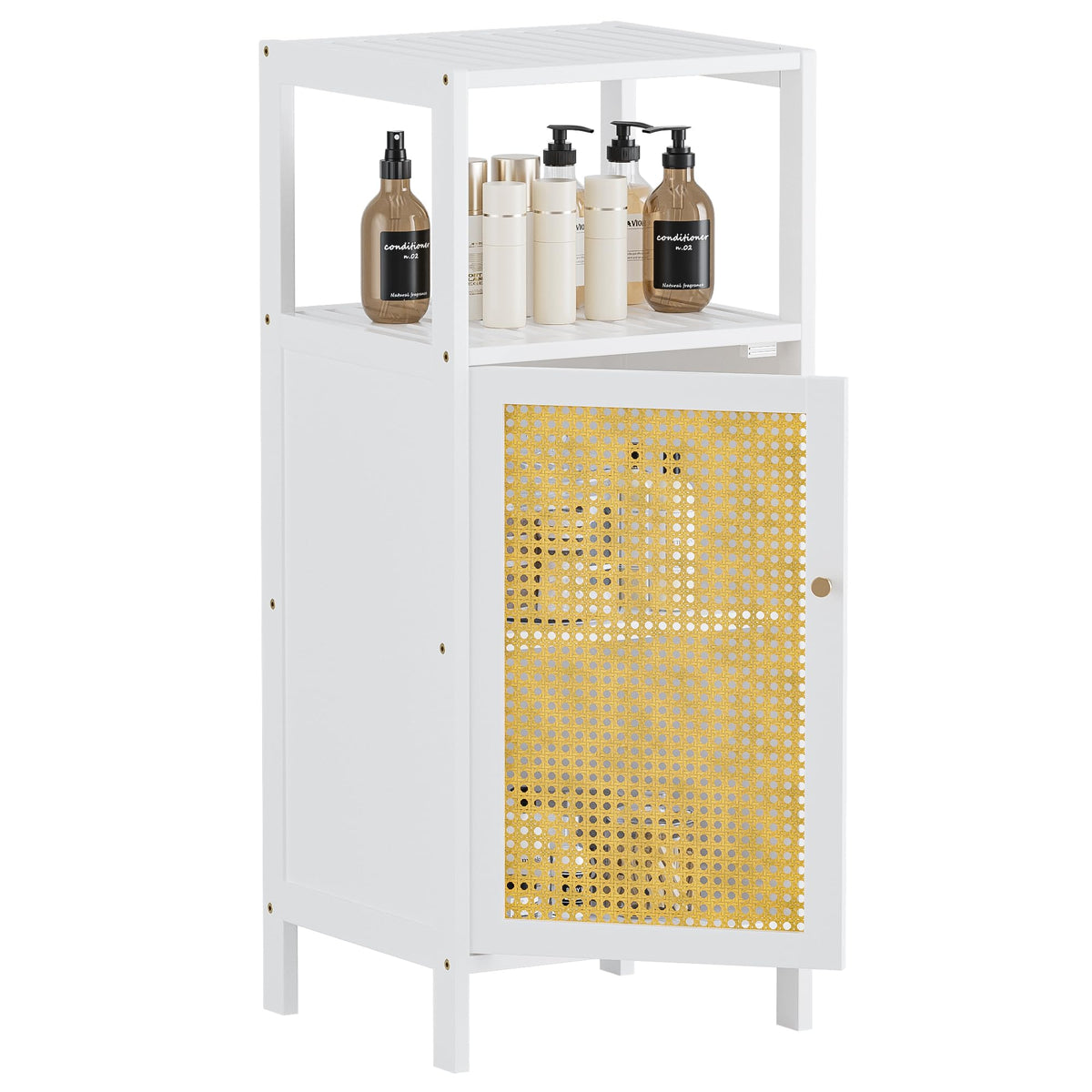 HITNET Bamboo Cabinet, Bathroom Storage Cabinet with Rattan Doors, Narrow Side Storage Organizer Freestanding Floor Cupboard for Small Space, White
