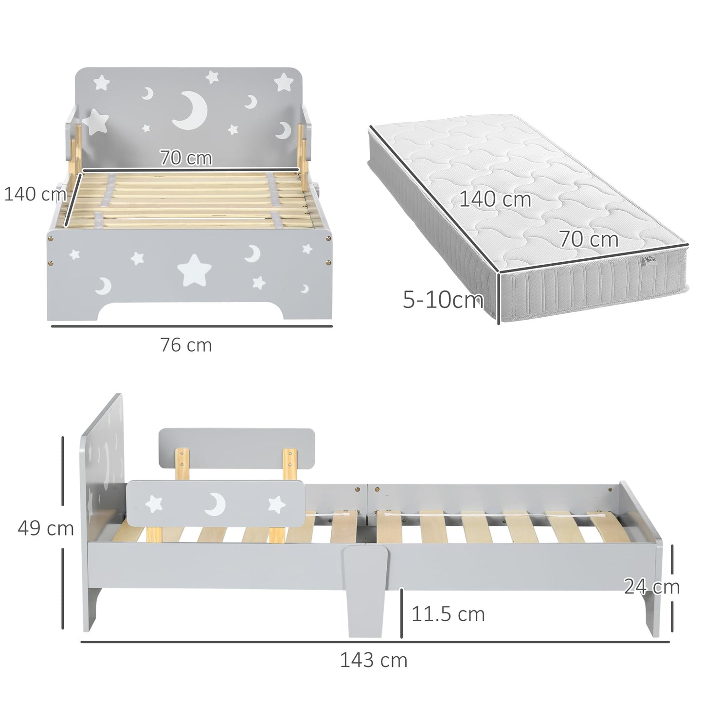 ZONEKIZ Kids Toddler Bed Children's Bedroom Furniture w/Star and Moon Patterns, Side Rails, for Boys, Girls, Ages 3-6 Years, 143 x 76 x 49cm - Grey