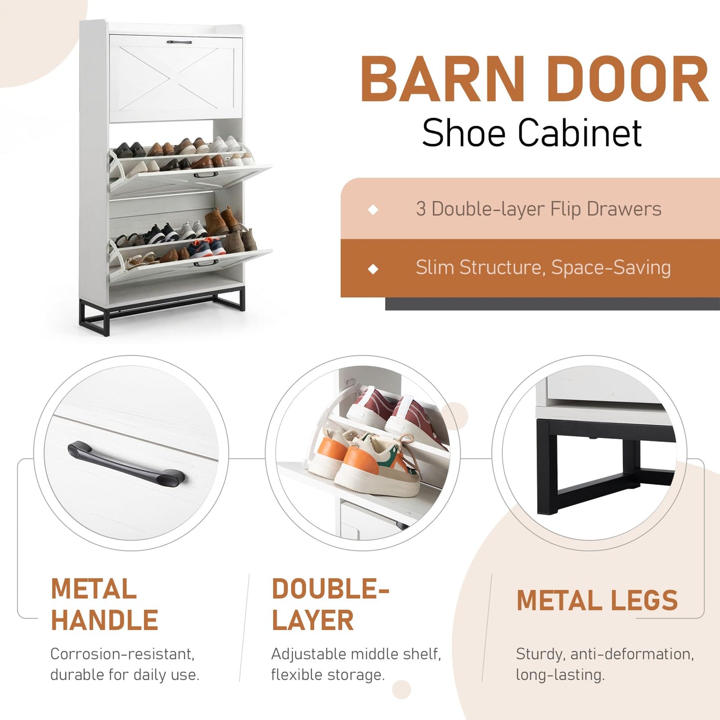 Bonnlo Barn Door Shoe Cabinet with 3 Flip Bins, High Capacity Shoe Storage, Adjustable Shelves & Anti-Tip Design (Distressed White)