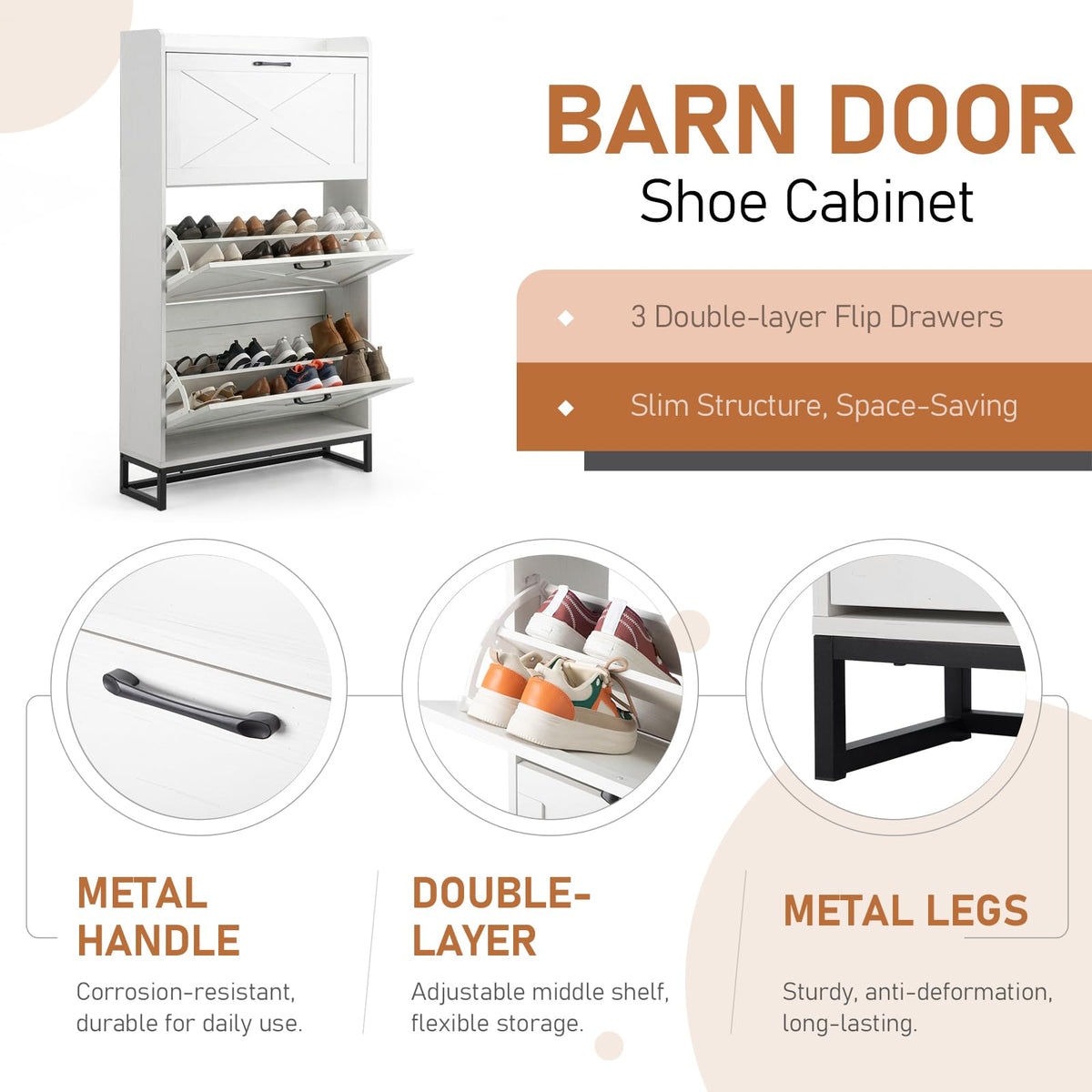 Bonnlo Barn Door Shoe Cabinet with 3 Flip Bins, High Capacity Shoe Storage, Adjustable Shelves & Anti-Tip Design (Distressed White)