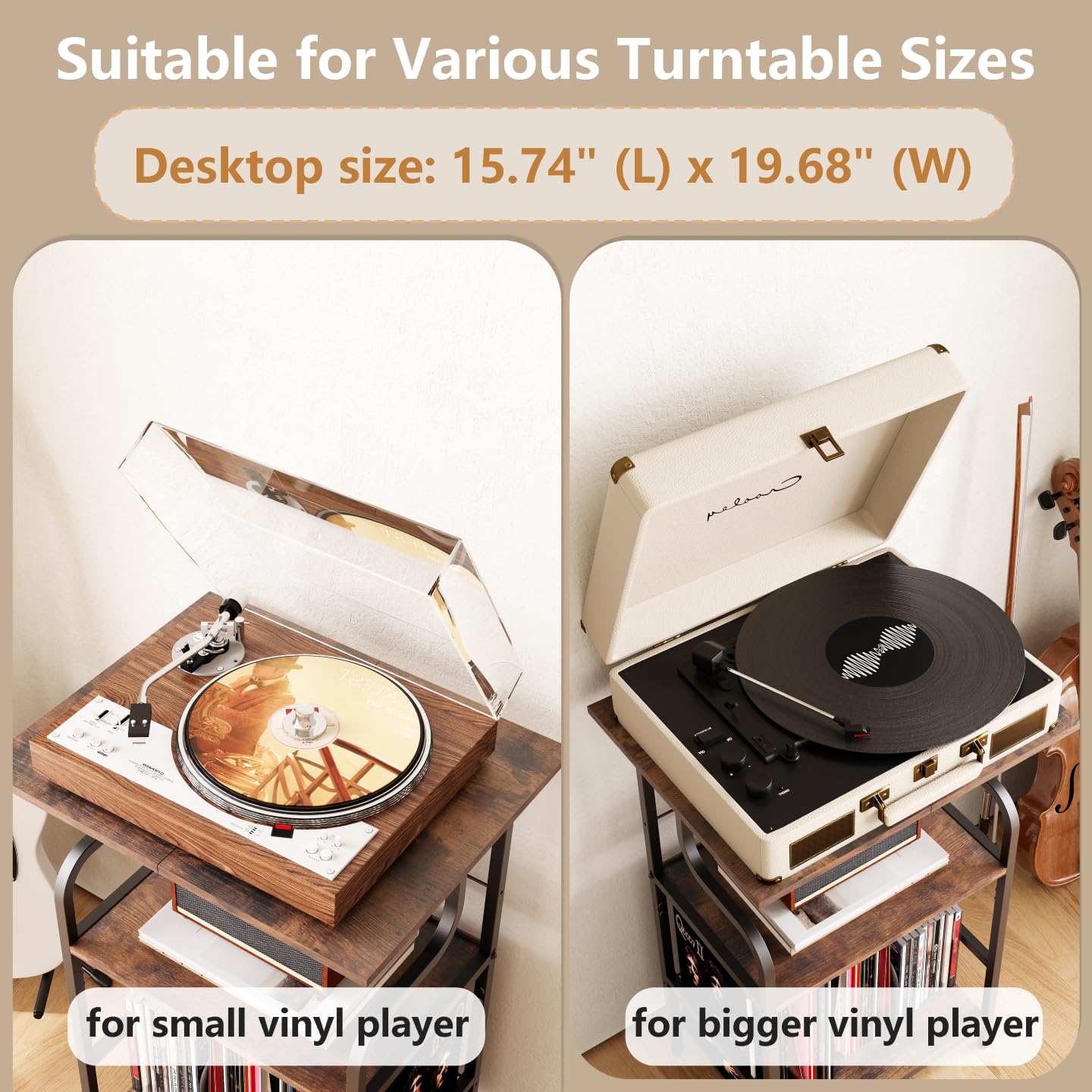 FANNYE Record Player Stand, 3-Tier Record Player Table, Vinyl Record Storage with Extra-Large Desktop, Turntable Stand End Table for Vinyl Record