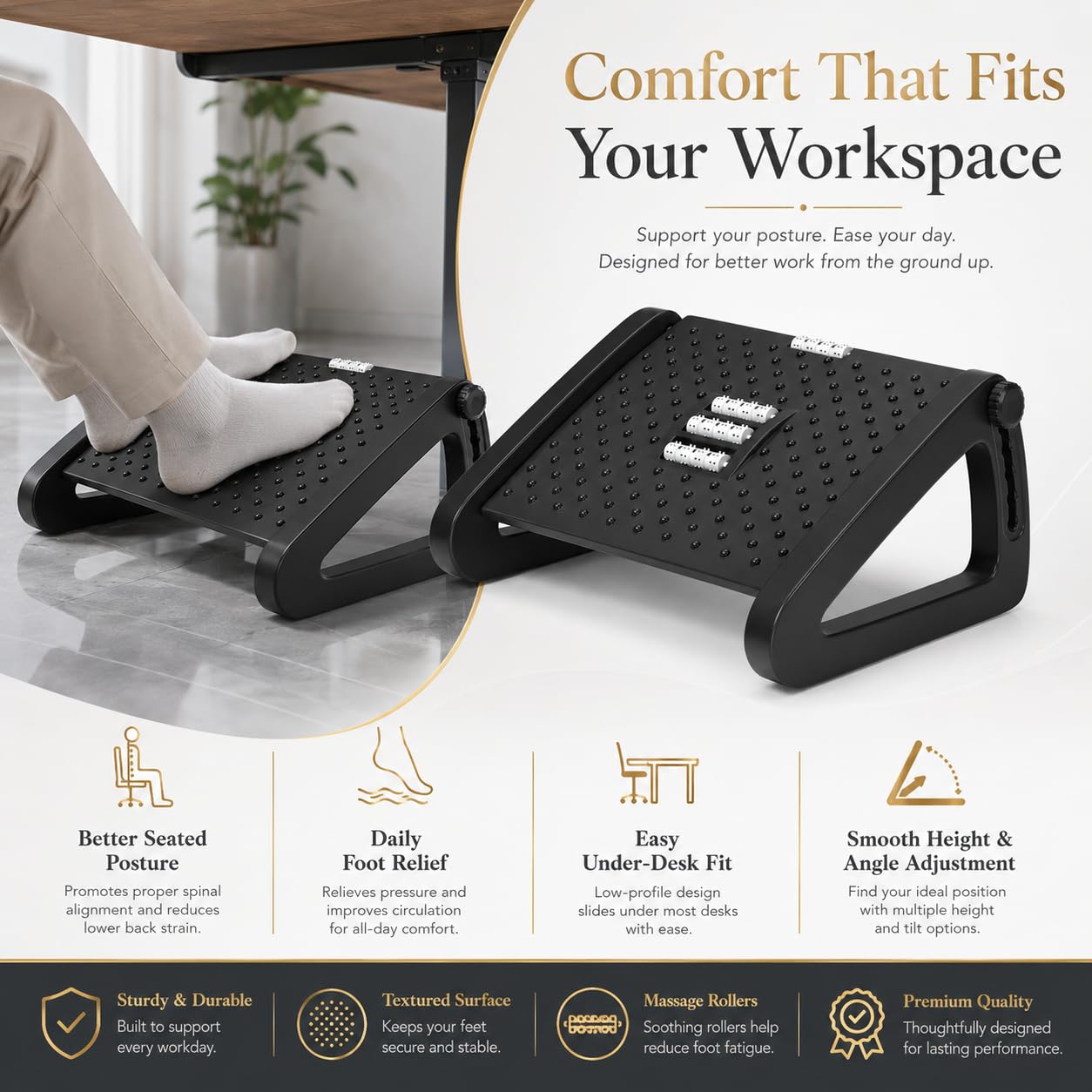 Adjustable Underdesk Footrest - Desk Foot Rest with Moveable Wheels - Foot Stool Under Desk with Large Roller Massage