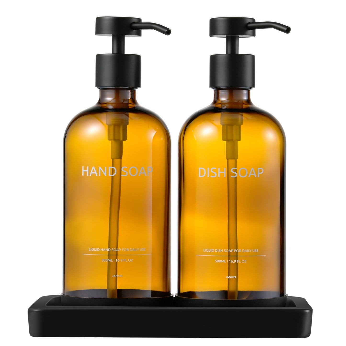Janxin 2pcs Glass Soap Dispenser, Brown Liquid Hand Jar, With Ceramic Tray, Suitable for Shower Gel, Shampoo(Brown bottle + black head)