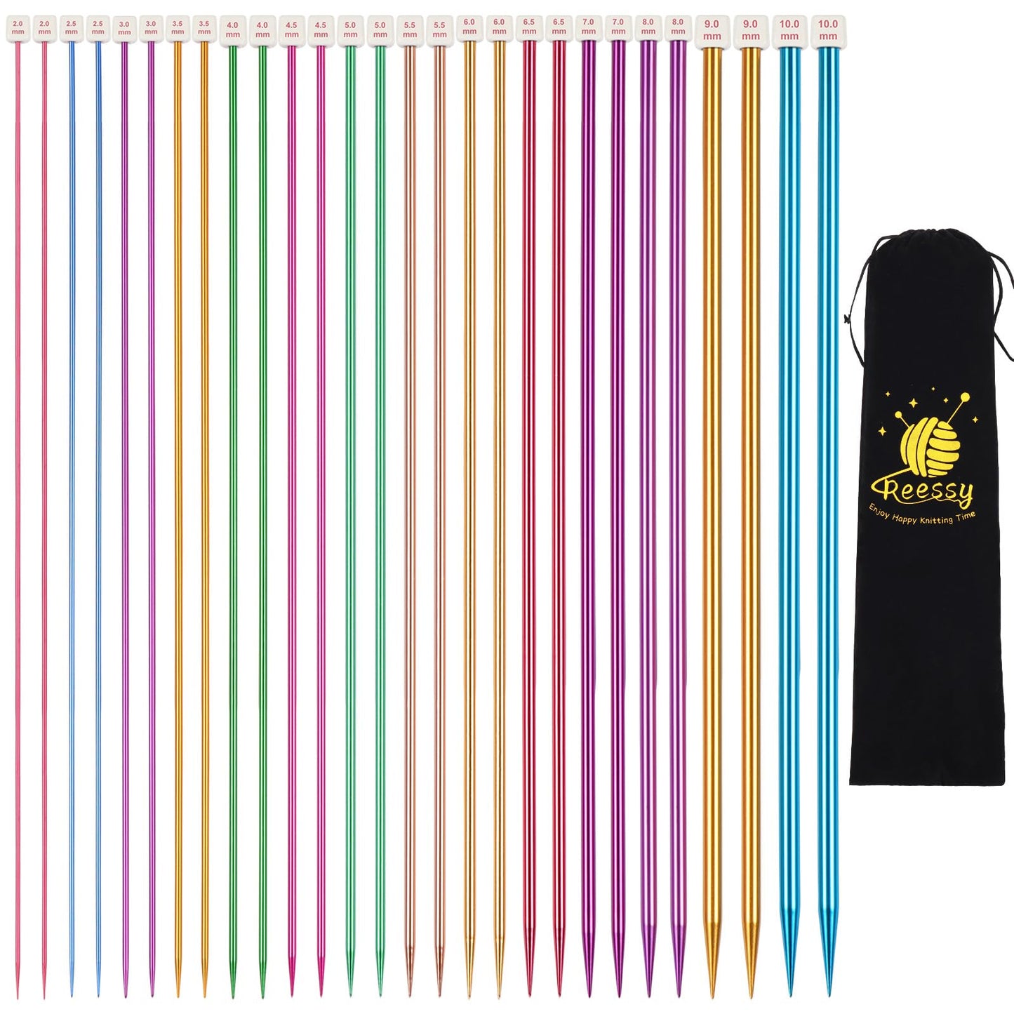 Reessy Coloured Knitting Needles Set-35cm Long, 28Pcs /14 Pairs Aluminium Single Pointed Needle 2 mm-10 mm, Long Knitting Needles, Straight Metal