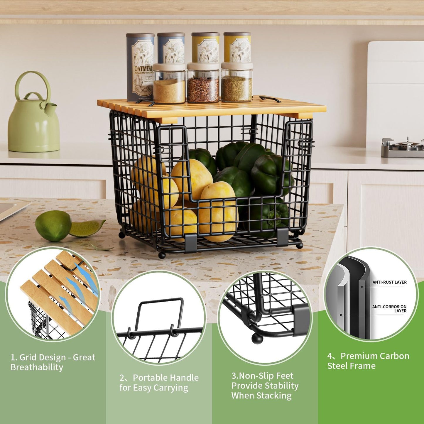 Wire Storage Basket for Kitchen Pantry: Stackable Kitchen Counter Organizers - Wire Organizing Bin for Produce Vegetable Potato and Onion Black