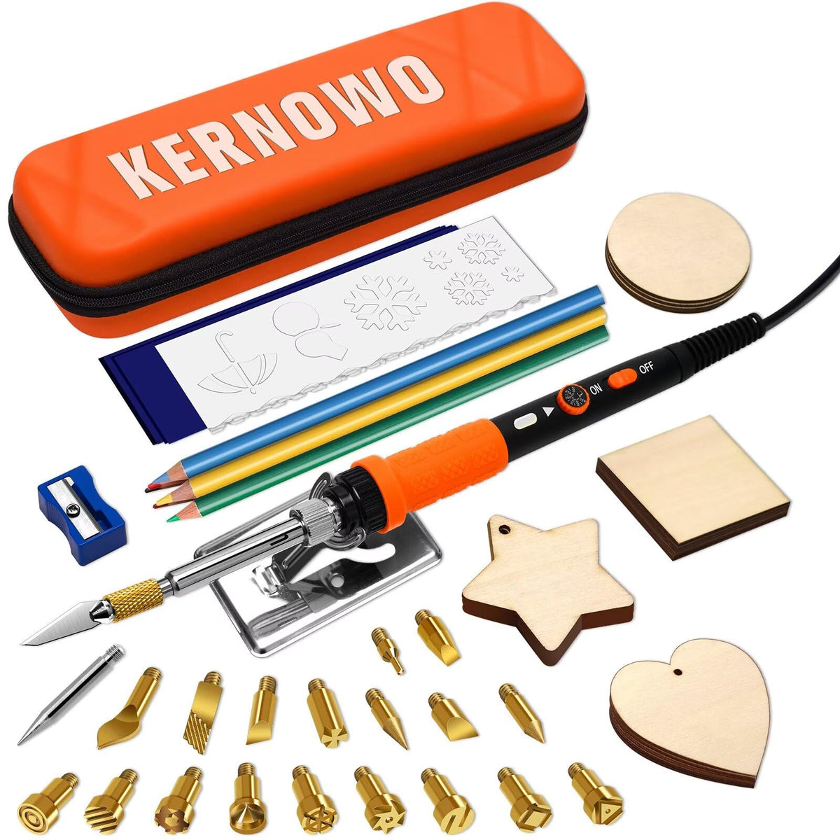 K KERNOWO Pyrography Wood Burning Tool Set 76-in-1 Wood Burning Kit with 70W Adjustable Temperature Pyrography Pen, 22 Tips, Stencils, Timbers and