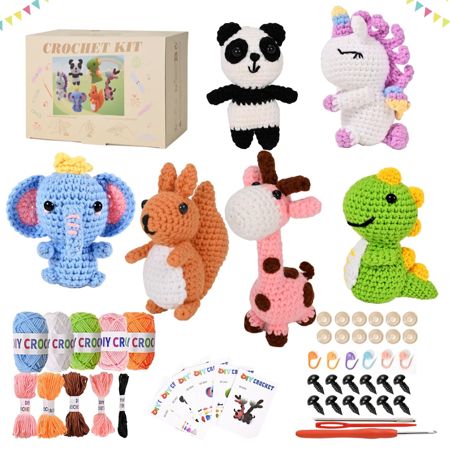 Alutaba 6Pcs Crochet Kit for Beginners, Crochet Animal Kits for Adults and Kids with Step by Step Videos Tutorials, Knitting Kit for Crochet Lovers