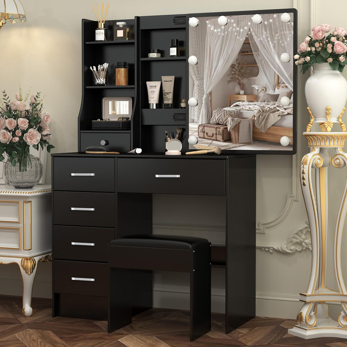 Saimeihome Dressing Table with Mirror and Stool, Vanity Desk with 6 Drawers + 6 Shelves, Adjustable Brightness Black Makeup Table for Bedroom