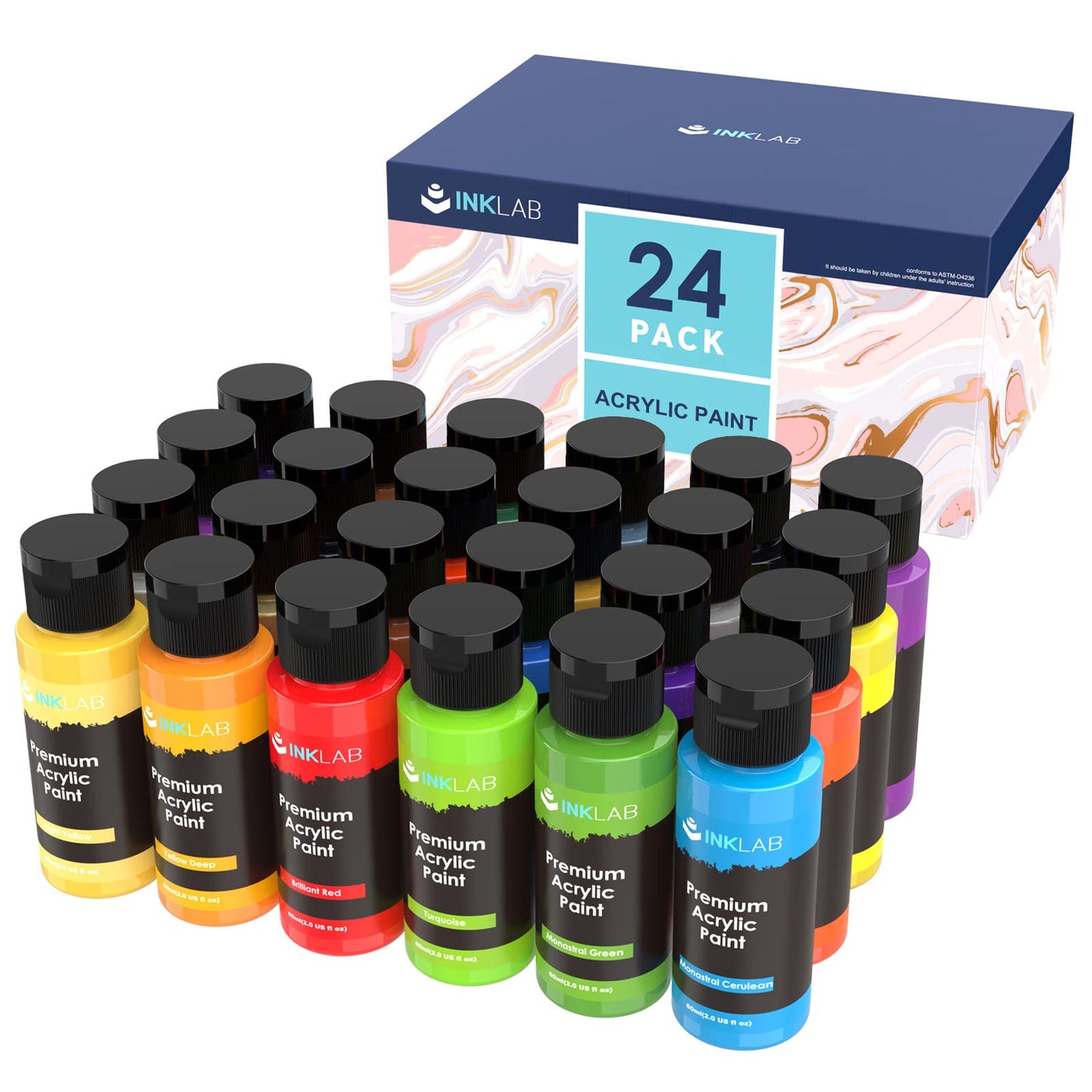 INK LAB Acrylic Paint Set 24 Vibrant Colour Non Toxics Acrylic Craft Paints Rich Pigment for Kids Adults Artists Beginners Canvas Ceramic Crafts