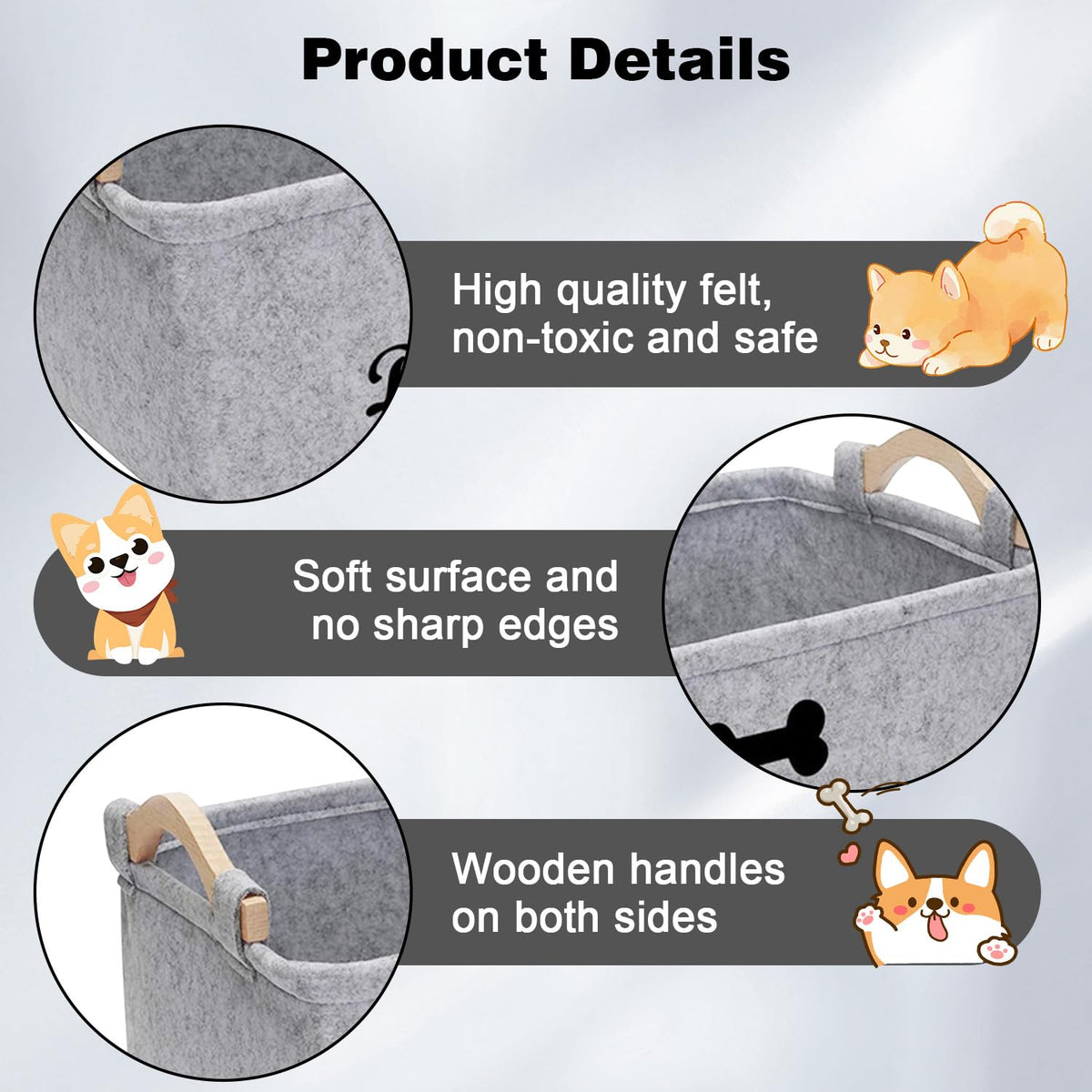 Onperpoe Dog Toy Basket with Wooden Handle, Collapsible Dog Toy Box Puppy Toys Box for Dogs, Pet Supplies Storage Basket, Dog Toys Storage