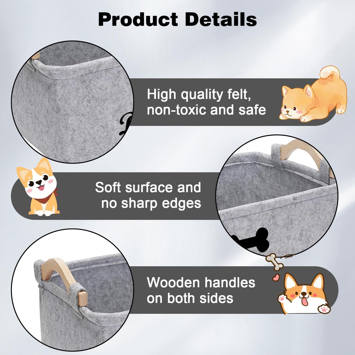 Onperpoe Dog Toy Basket with Wooden Handle, Collapsible Dog Toy Box Puppy Toys Box for Dogs, Pet Supplies Storage Basket, Dog Toys Storage