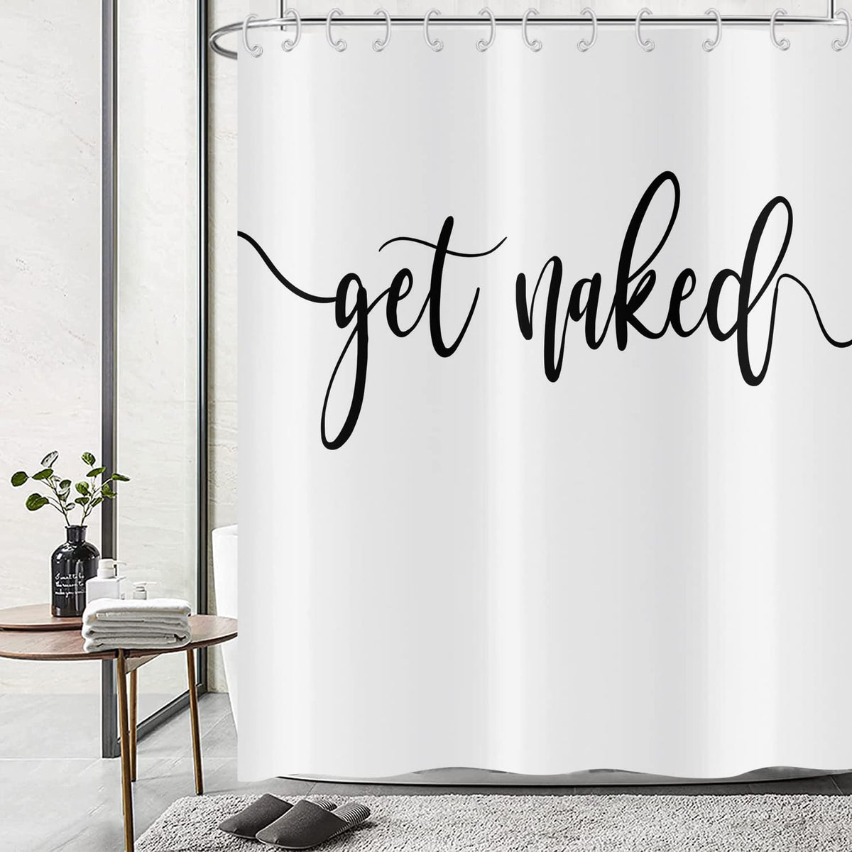 Hnmdmyi White Shower Curtain 180x200, Black Art Font Words Get Naked Shower Curtains Funny Quotes Beautiful and Cool Bathroom Curtains Waterproof