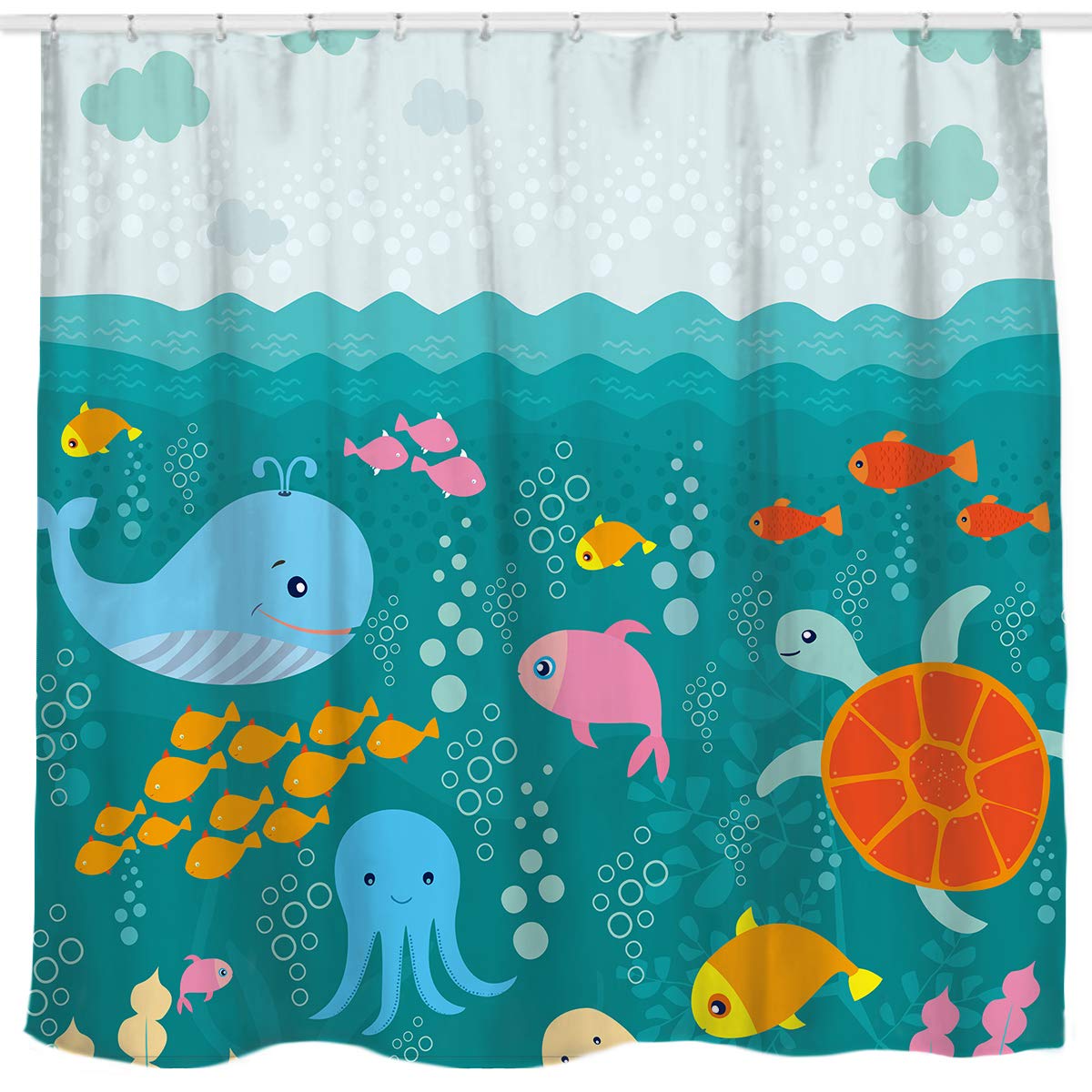 Sunlit Lovely Cartoon Sea Creatures Fabric Shower Curtain for Kids, Whale Turtle and Fish Bathroom Decor Curtain for Girls and Boys,71 x 71 inches