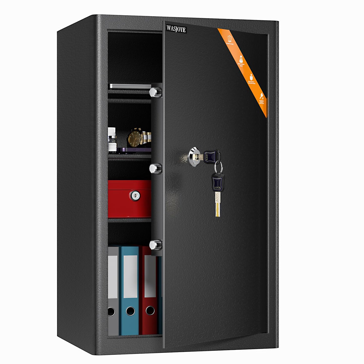 WASJOYE Safe Lock Box with Keys, High Security Safety Box, 67L Steel Lock Safes for Home/Office, Cabinet Keys Safe Lock Box for Money Cash Jewelry