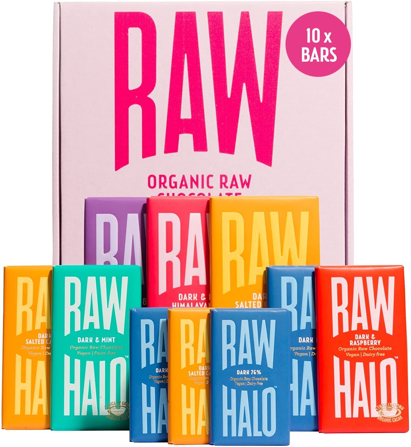 Vegan Chocolate Bar - Raw Halo - Dark Collection - 10 Bars - Organic, Dairy & Gluten Free