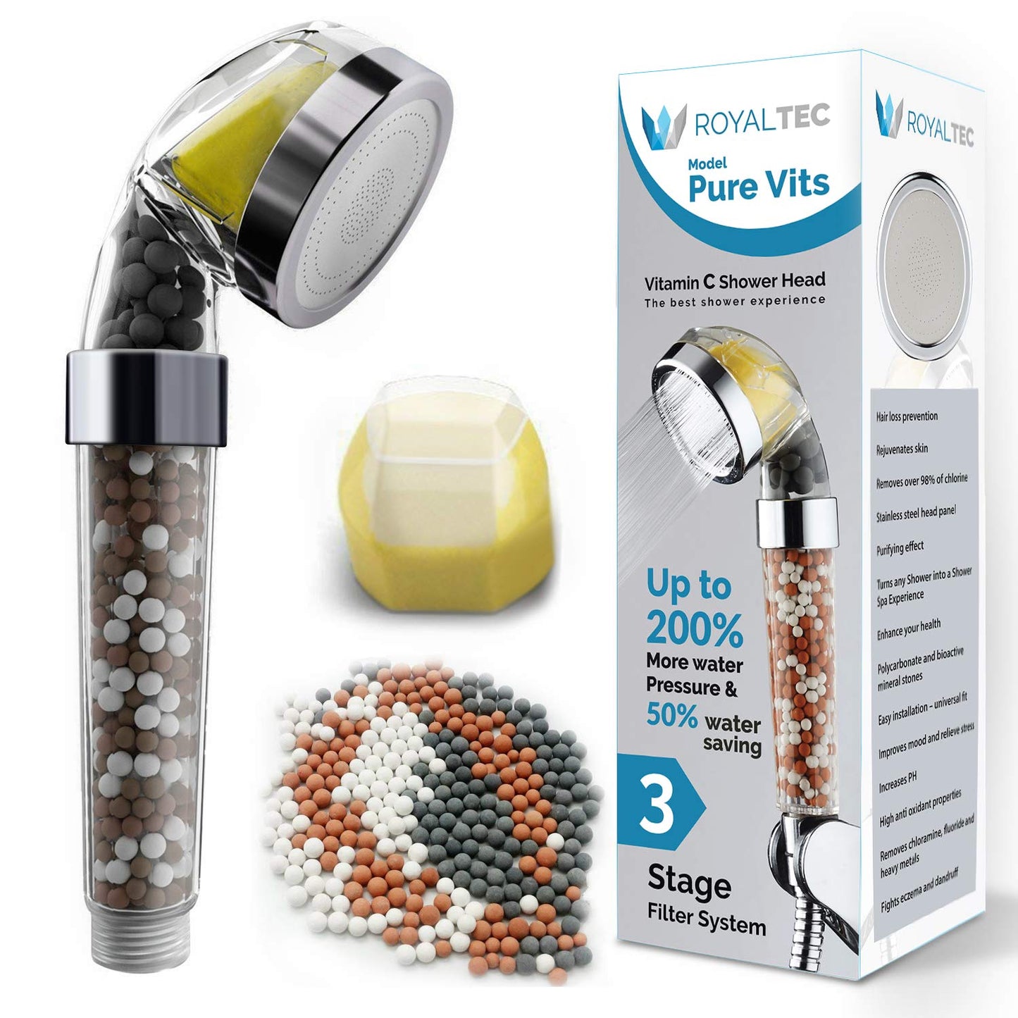 Royaltec Vitamin C Shower Head ? Ionic Filtered High-Pressure Shower for Hard Water | Softens Skin, Boosts Pressure, Citrus Filter Included |