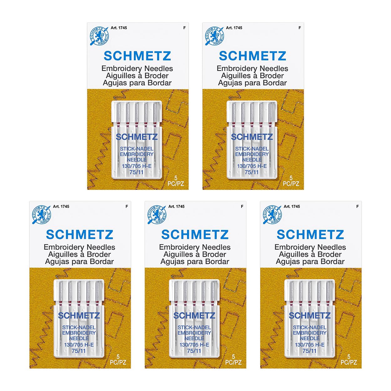 Schmetz 25 Embroidery Sewing Machine Needles, Size 75/11, 130/705H-E