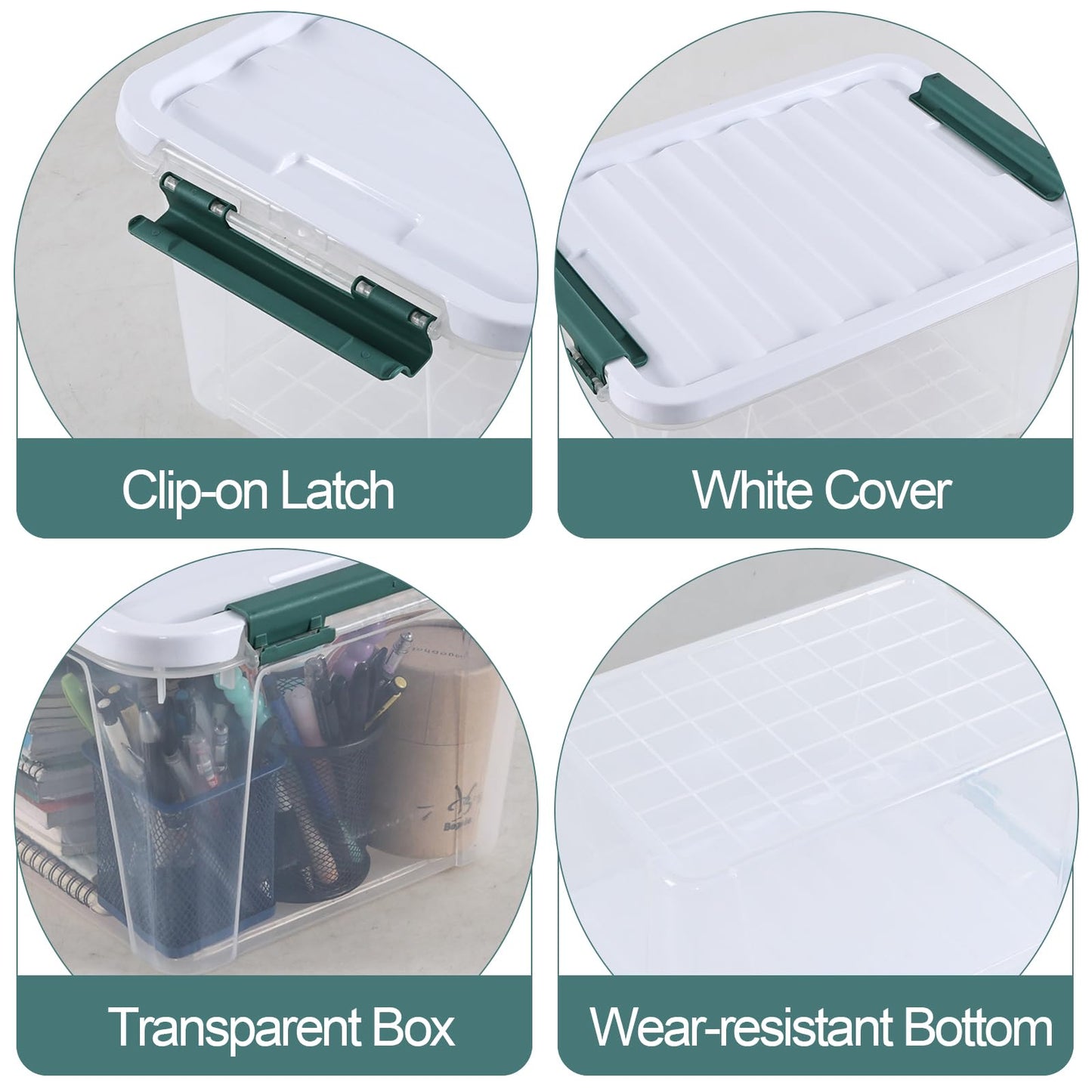 Gloreen 4 PCS Lidded Storage Box, 10L Plastic Container with Handle, Clear