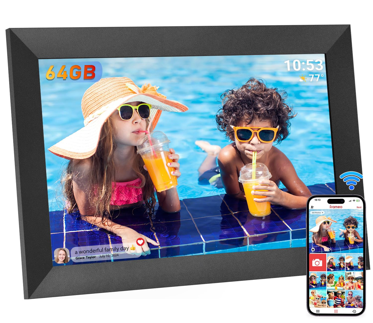 Hesmor 64GB Frameo Digital Photo Frame WiFi 10.1 Inch, 1280x800 IPS LCD Touchscreen, Auto-Rotate and Audio, Quick and Easy Share Photos or Videos via
