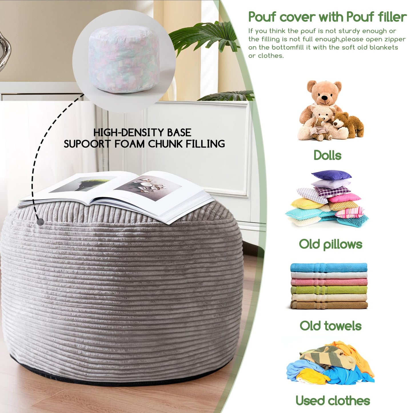 HIGOGOGO Corduroy Beanbags Round Footstool Bean Bag Pouf with Foam Chunk Filling, 50 x 35 cm Floor Poufs Foot Rest for Living Room, Grey