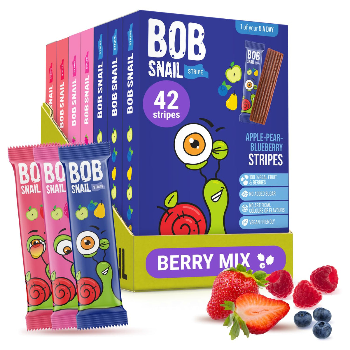 Bob Snail Fruit Leather Stripes ? Mix Flavors Blueberry, Raspberry, Strawberry ? Sugar Free, Vegan, Natural Healthy Fruit Snacks for Adults and Kids,