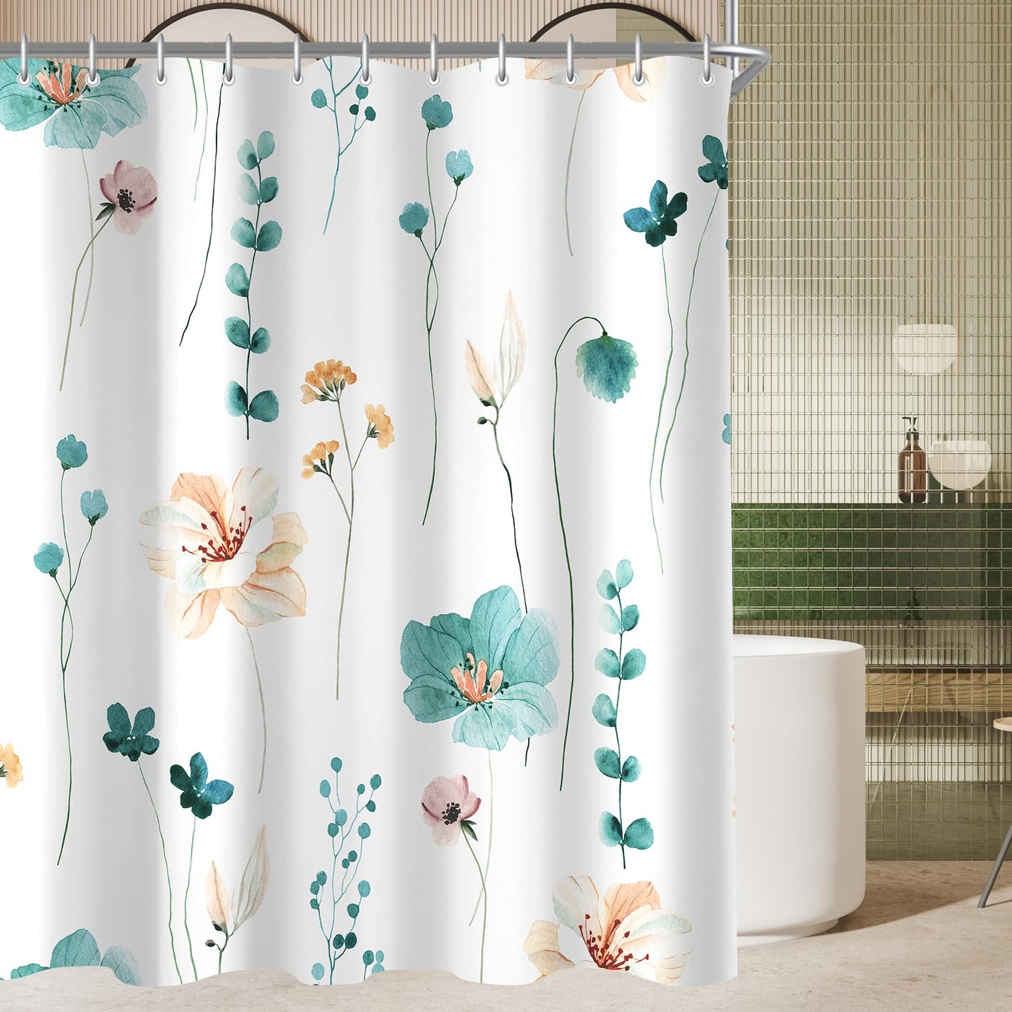 Lerores Shower Curtain, 180 x 200 cm, Teal Flower, Weighted Hem, Anti-Mould, Water-Repellent, Washable Polyester Bath Curtains with 12 Eyelets and