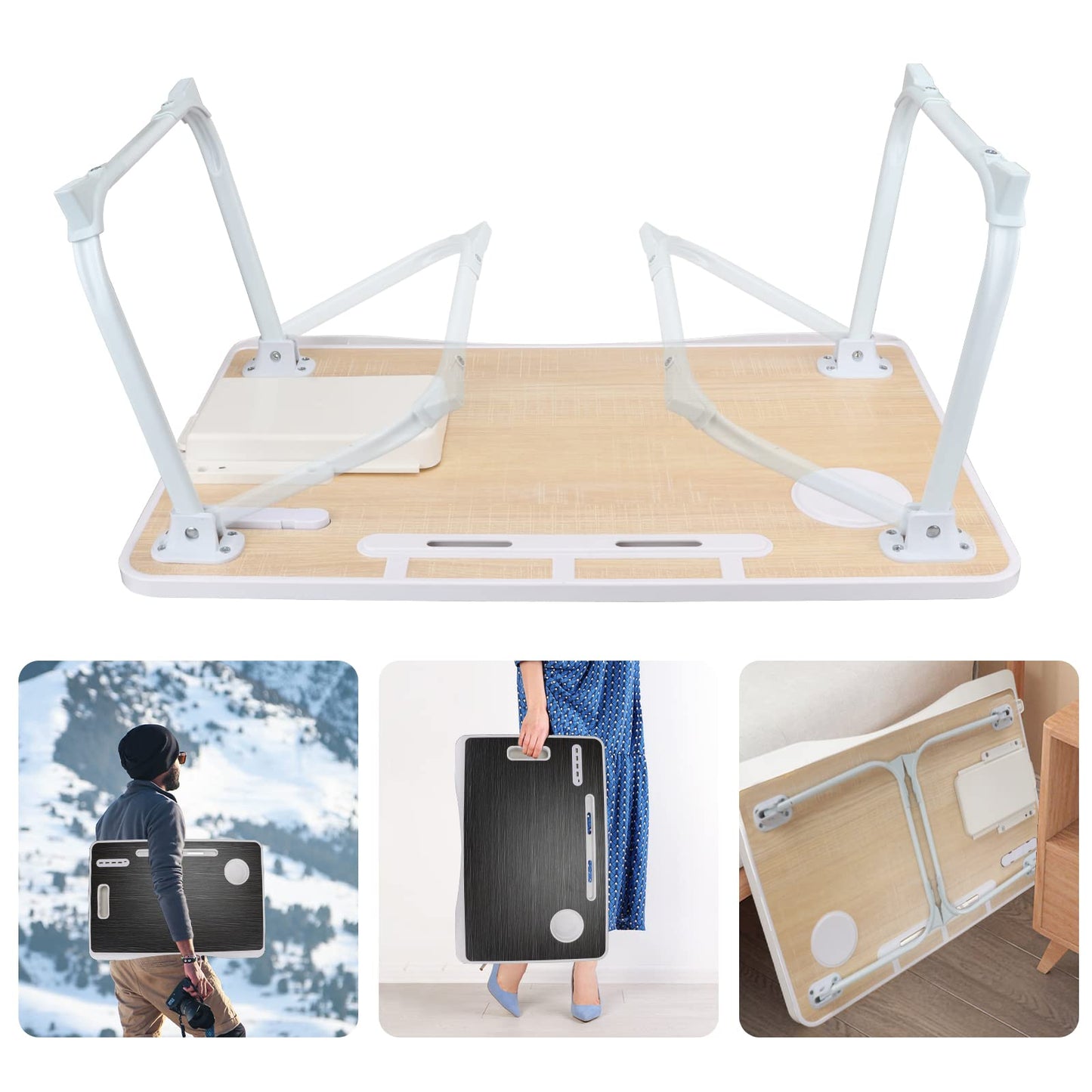 Upgraded Bed Table Laptop Desk, Foldable Tray with USB Charge Port, Handle, Desktop Card/Cup Slot, Side Drawer