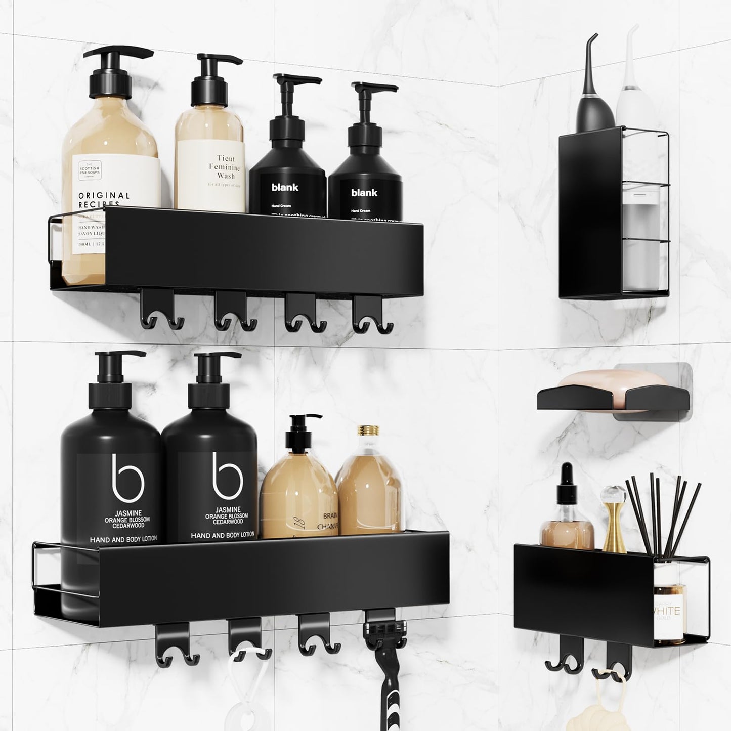 Luxear Shower Caddy Bathroom Adhesive 5 Pack Stainless Steel Rustproof Organizers with 10 pcs Hooks Soap Dish Holder Toothbrush Holder Wall Mounted