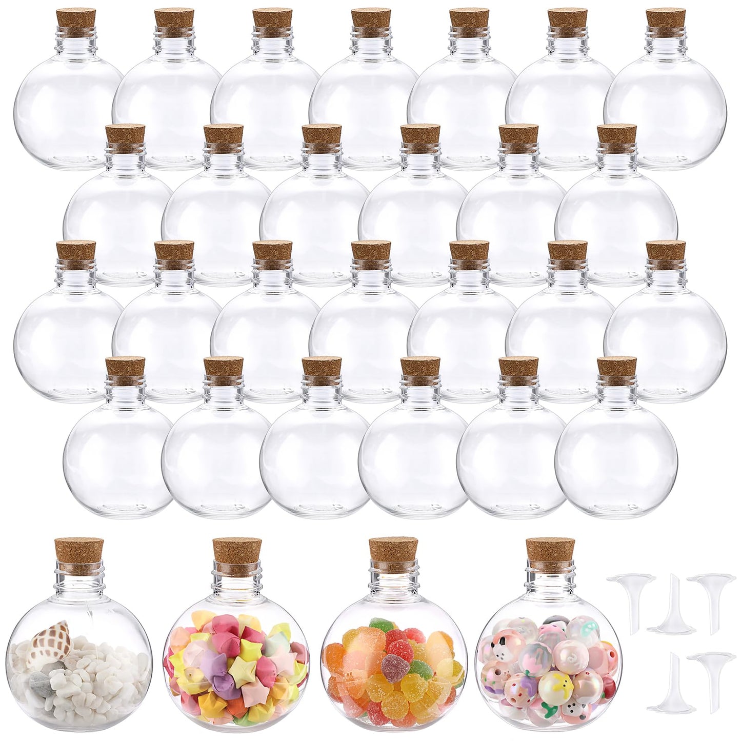 SUMTree 30 Packs 5 oz Ball Shape Plastic Sand Art Bottles with Corks Topper, Clear Potion Bottles Containers with 5 Mini Funnels for DIY Craft,