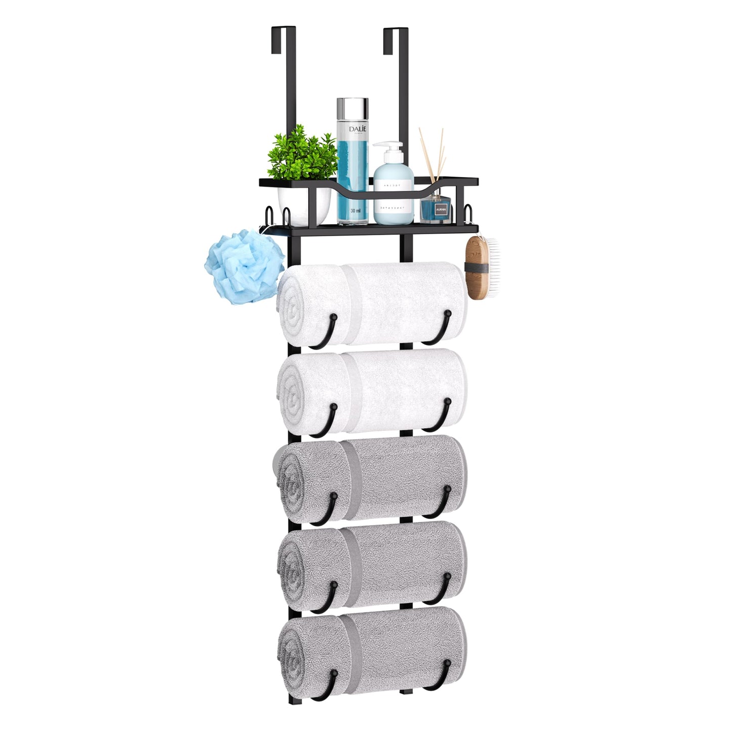 SWTYMIKI Over Door Towel Rack - 6 Tier Towel Storage Rack for Bathroom Wall Mounted, Towel Holder with Shelf, Hanging Rolled Towel Rail & Bathroom