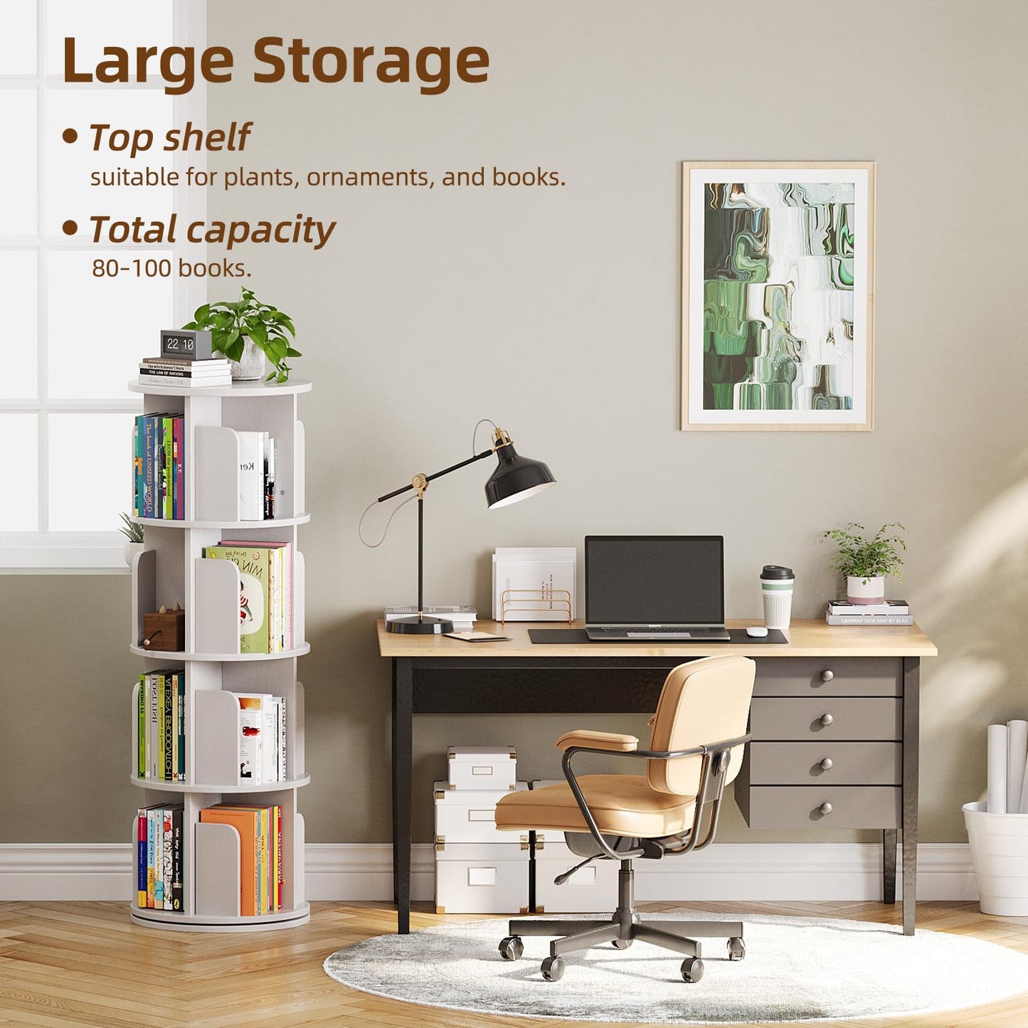 WEMANER 4-tier Rotating Kids Bookshelf, Wooden 360° Small Corner Revolving Spinning Bookcase
