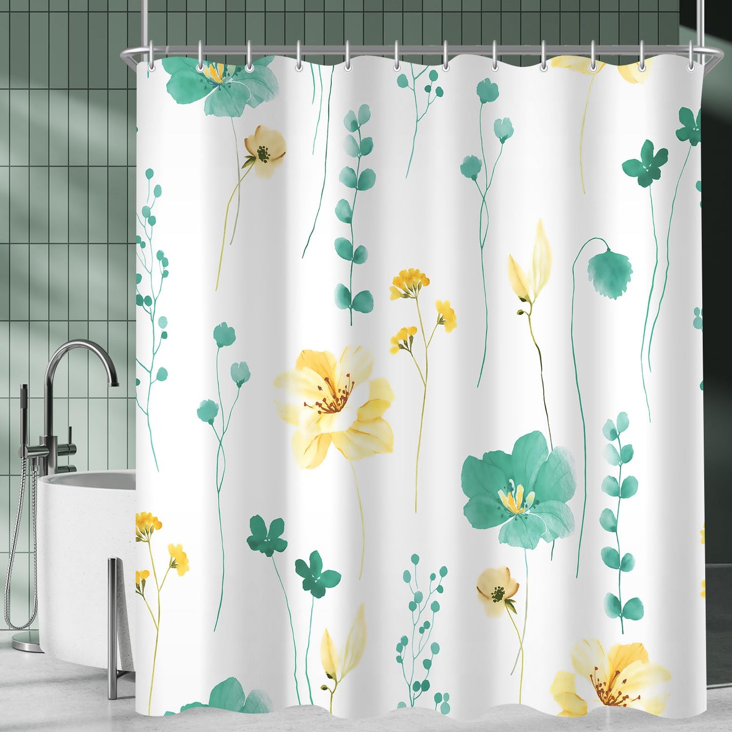Lerores Shower Curtain, 180 x 160 cm, Mint Green Motif, Weighted Hem, Anti-Mould, Water-Repellent, Washable Polyester Bath Curtains with 12 Eyelets