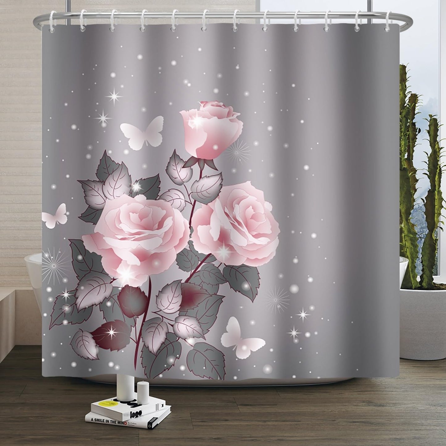 Xiaoterna Spring Shower Curtain Watercolor Leaves Floral Plant Bathroom Curtain Glitter Gold Splatter Butterfly Pink Rose Grey Shower Curtain Machine