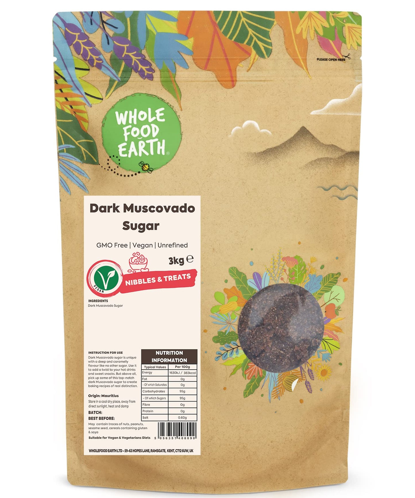 Wholefood Earth Dark Muscovado Sugar 3 kg | GMO Free | Unrefined