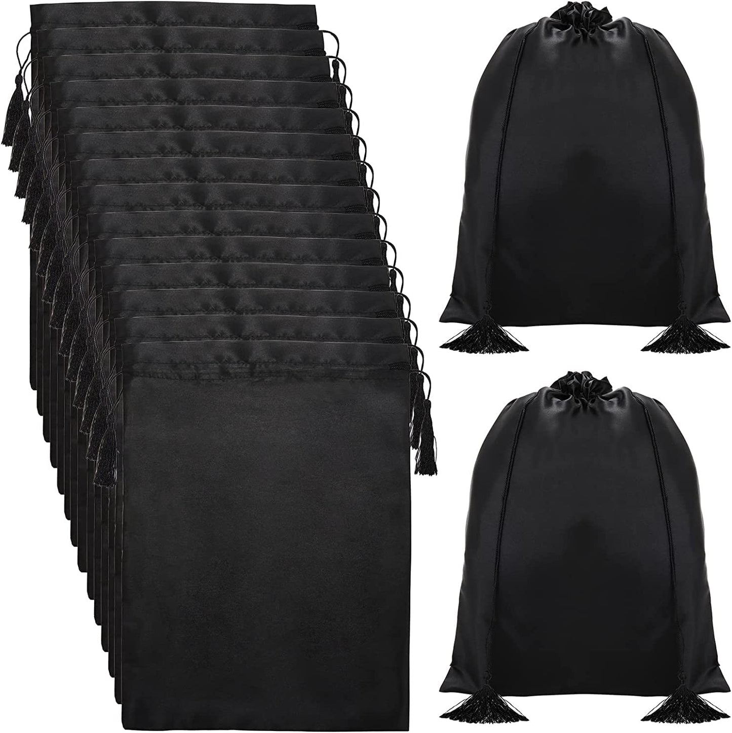 YOUEON 16 Pcs Silk Satin Wig Bags, 30 x 40 cm, Black, Solid, Drawstring Tassel, Unisex, Salon, Travel