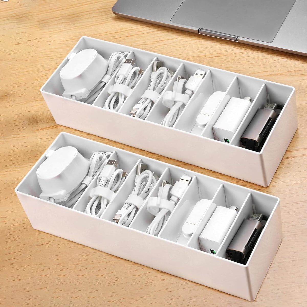 PAVSTINE Cable Storage Box Small, 2 Pcs White Cable Tidy with Adjustable Compartments, Cable Tidy Management Box with 14 Cable Ties, Cord Organiser