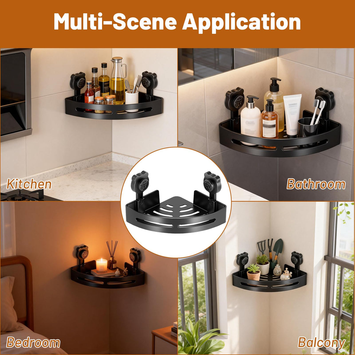 Qubitly Cute Black Bear Corner Shower Shelf, No Drilling Suction Cup Bathroom Organiser
