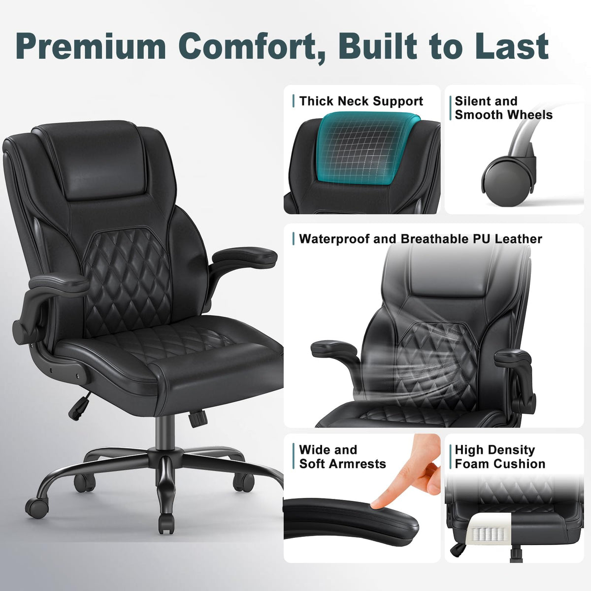 AnyGod Executive Office Chair,Ergonomic Desk Chair with Lumbar Support,High Back Swivel Computer Chair with 90 Degree Flip-Up Armrests,Black Faux