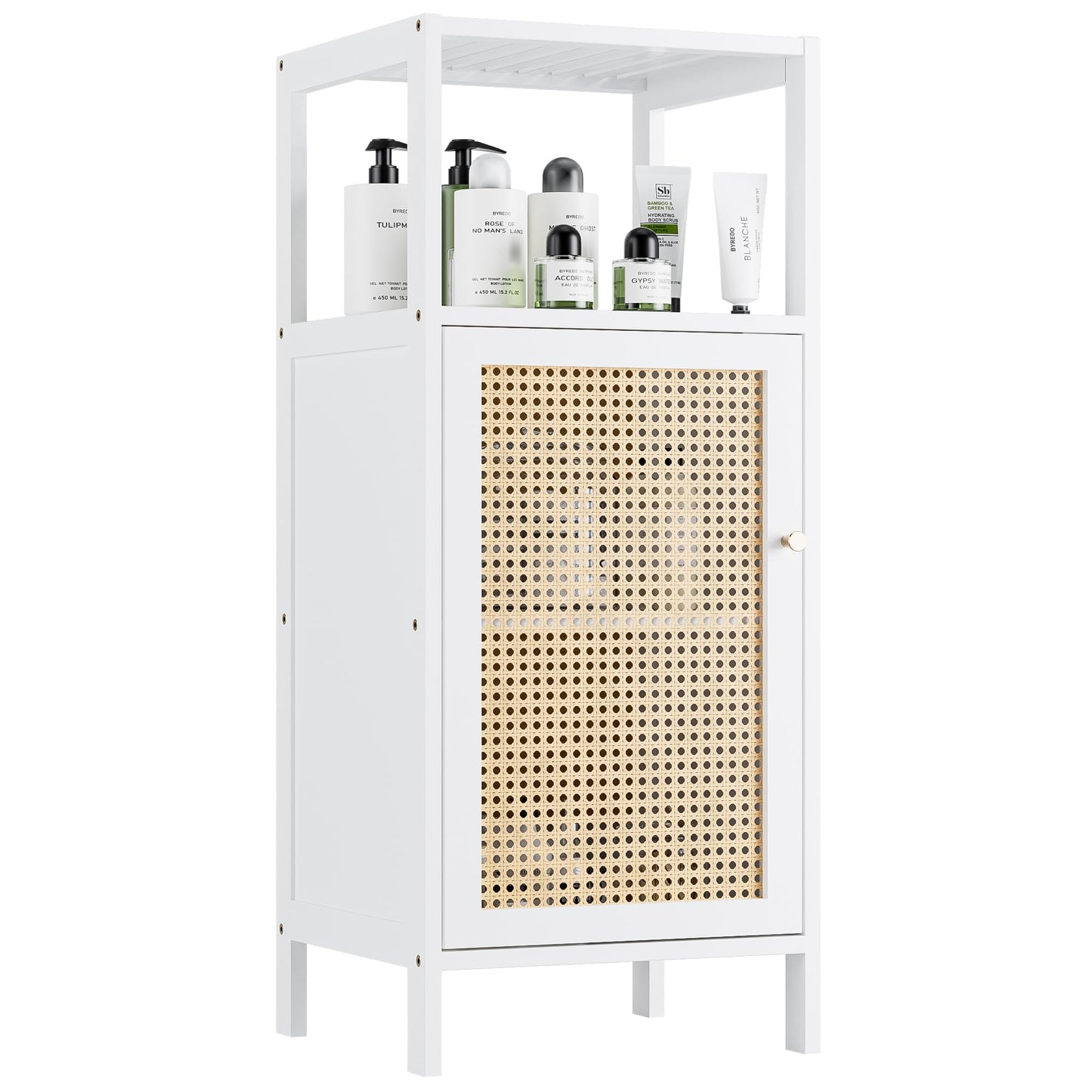 vovala Bamboo Floor Standing, Small Bathroom Cabinet Floor Standing with Rattan Doors, 4 Tier Narrow Side Storage Cabinet, Space Saving Cupboard for