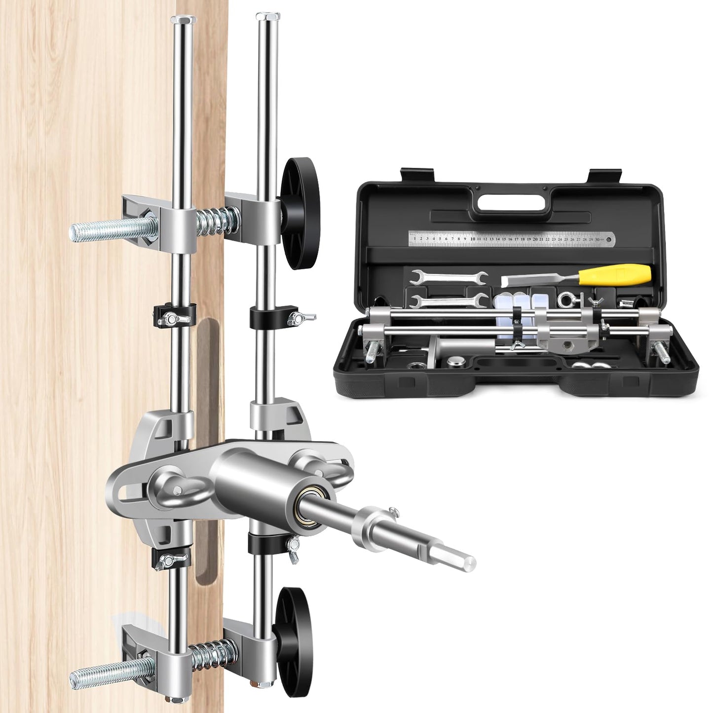 Door Lock Mortiser Kit, Lock Fitting Jig Maintenance Set, Door Lock Hole Opener Jig with 18mm 22mm 25mm Tungsten Steel Cutters, Woodworking Hole Saw