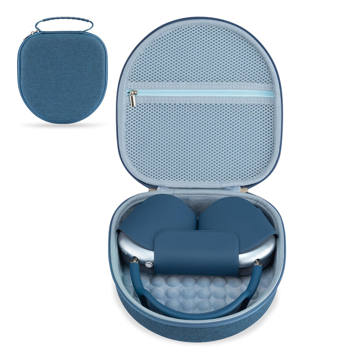 Case for Apple Airpods Max Headphones, Travel Portable Headphone Hard Case Cover Bag, Mesh Pouch with Zipper for Charger and Accessories (Blue case)