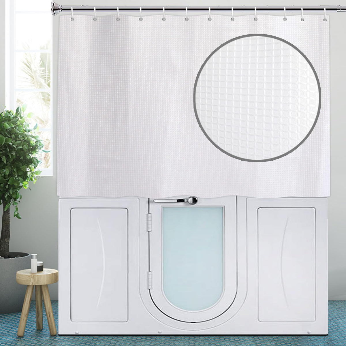 YISURE Short Shower Curtain, White Waffle Textured Fabric Waterproof Bath Curtain Sets 180x122cm?shower curtain for Walk in tub with Plastic Hooks