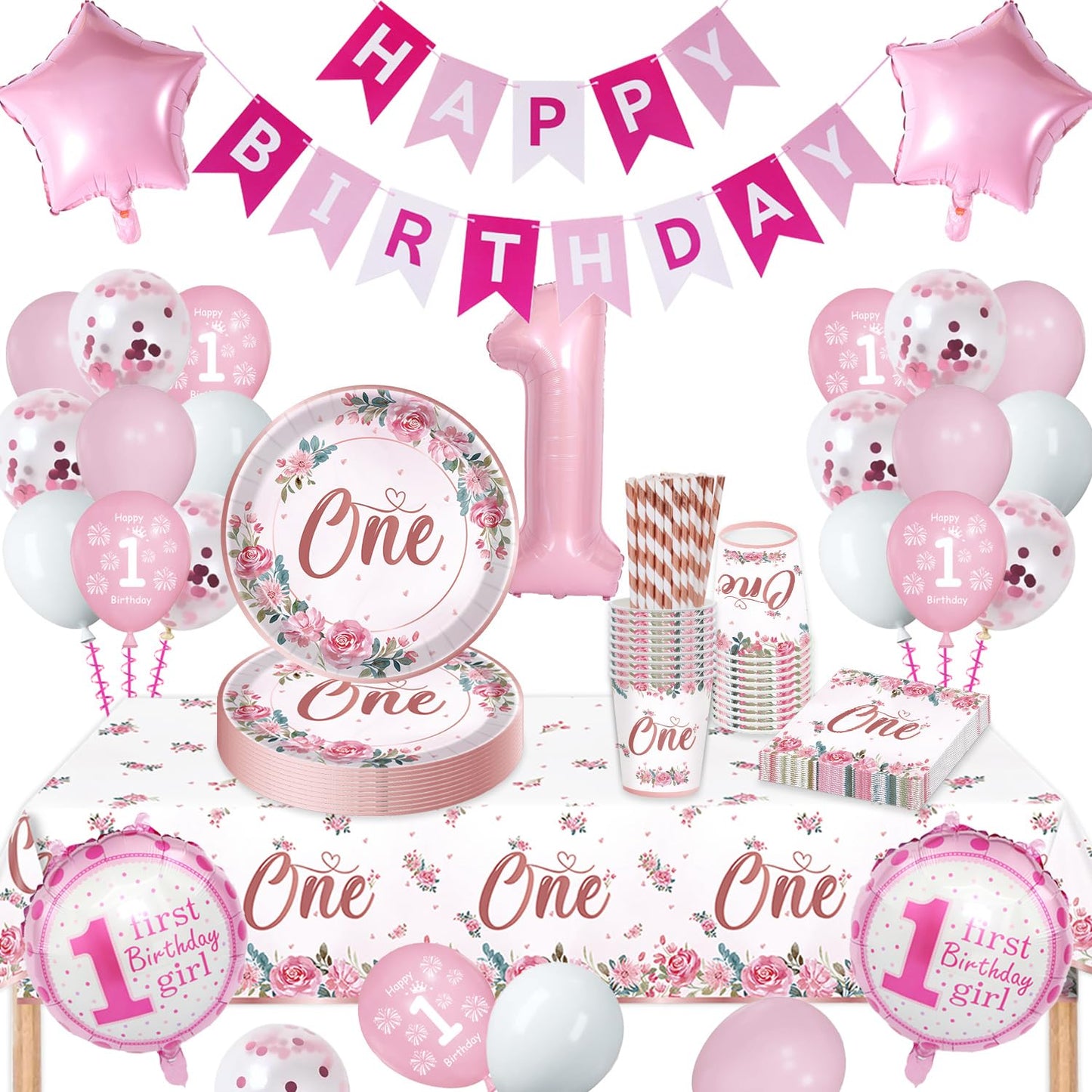 1st Birthday Decoration for Girls, 1st Birthday Girl Party Tableware Set, First Decorations Pink, Balloon Paper Plates, Cups, Napkins, Tableware for