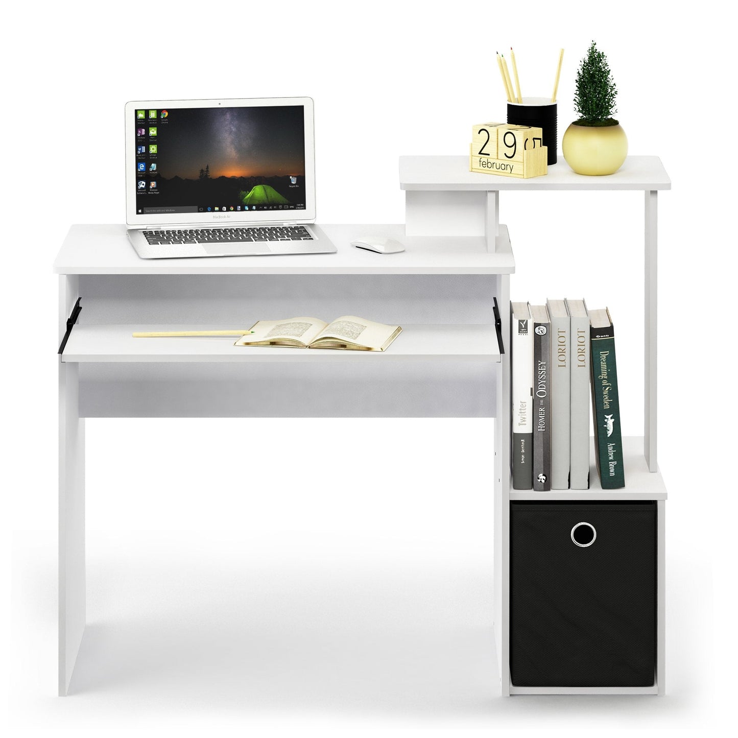 Furinno ECON Desk, Gaming Desk with Keyboard Tray, Computer Desk, Office Desk with Side Shelves and Storage Bin for Home Office, Study Room, Dorm