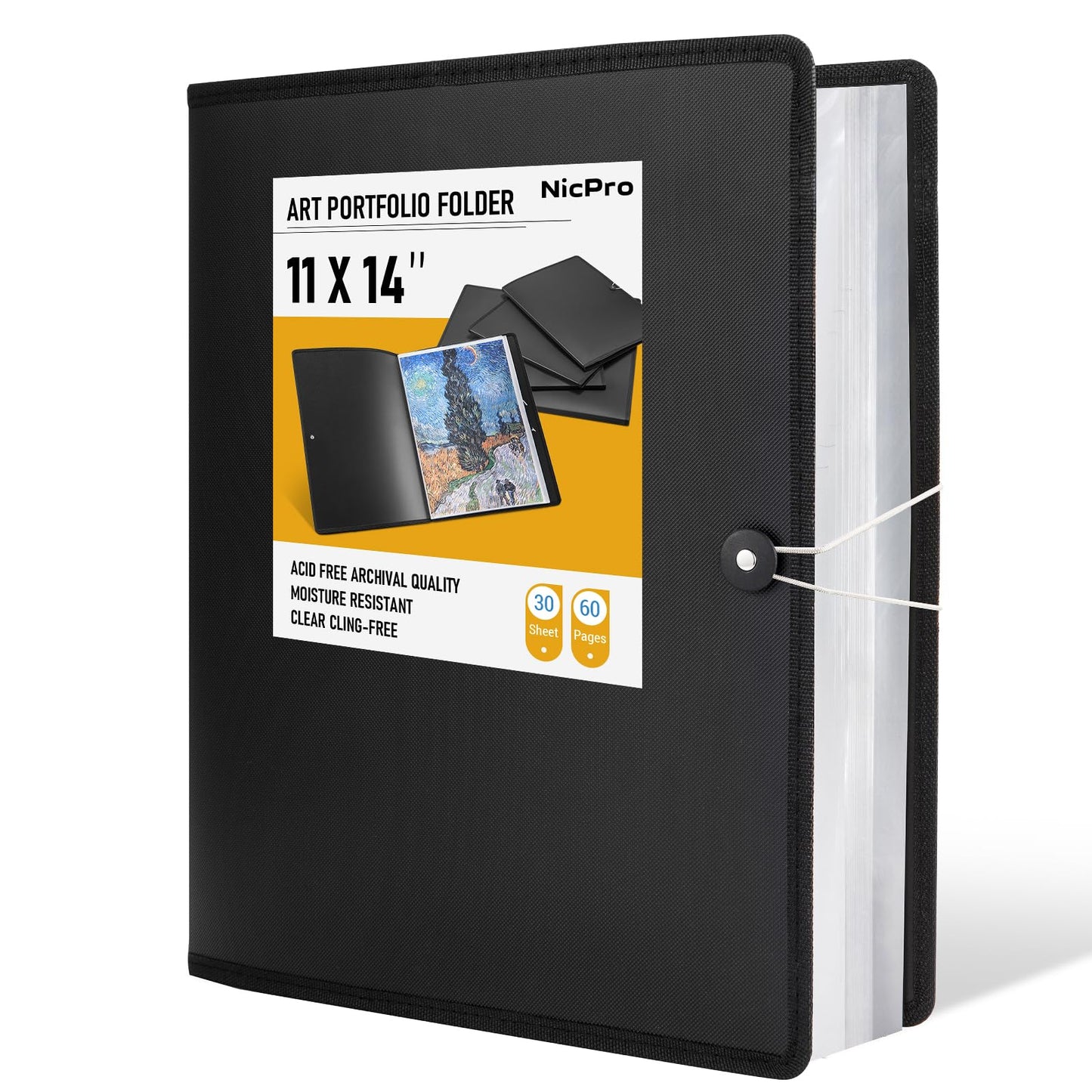 Nicpro 11x14 Art Portfolio Folder, 30 Pockets Display 60 Pages Art Painting Portfolio Binder with Clear Plastic Sleeves, Presentation Storage Book for