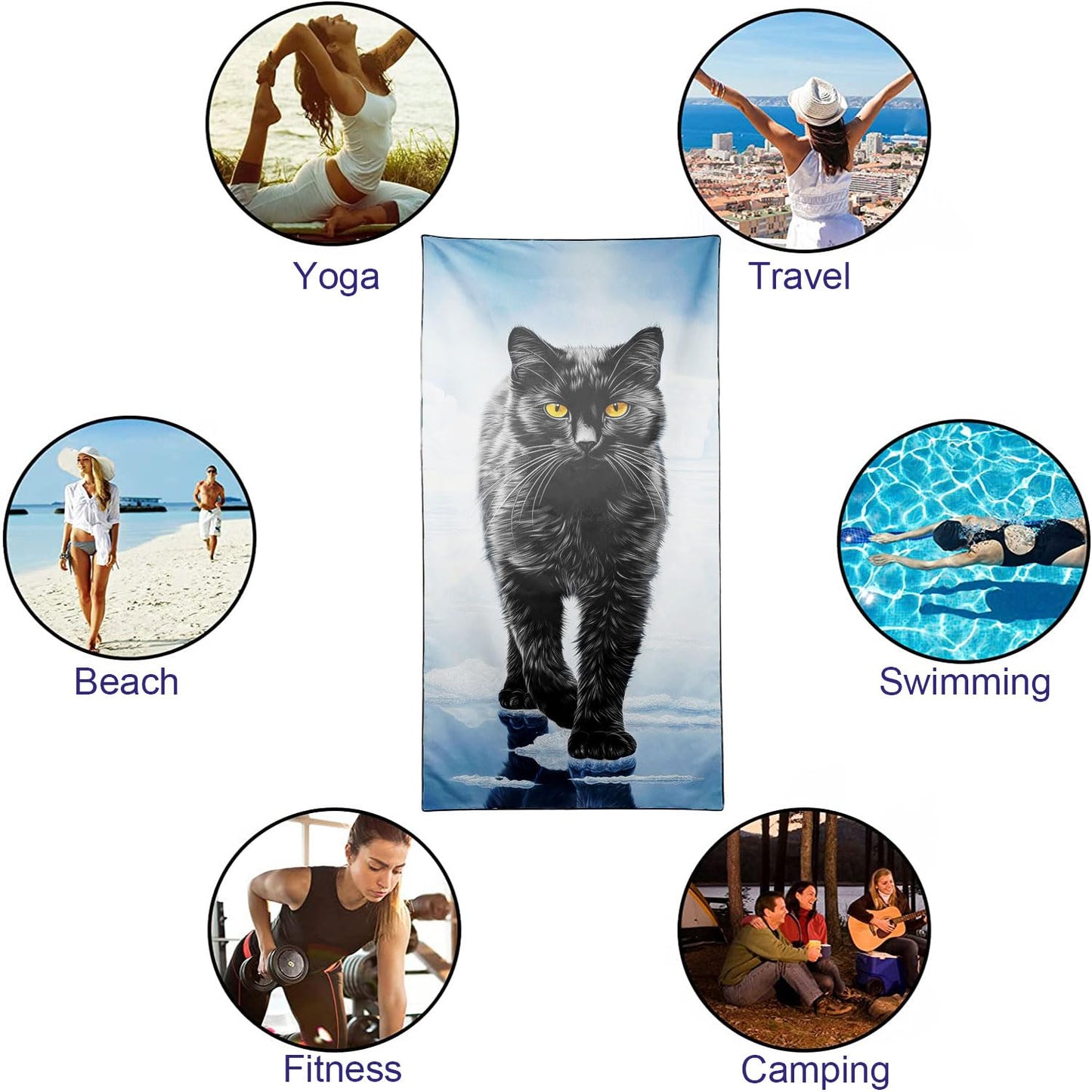 YISUMEI Black Cat Beach Towels for Adults Extra Large 180 x 90 cm, Microfibre Quick Dry Towel for Travel Swimming Camping Sports