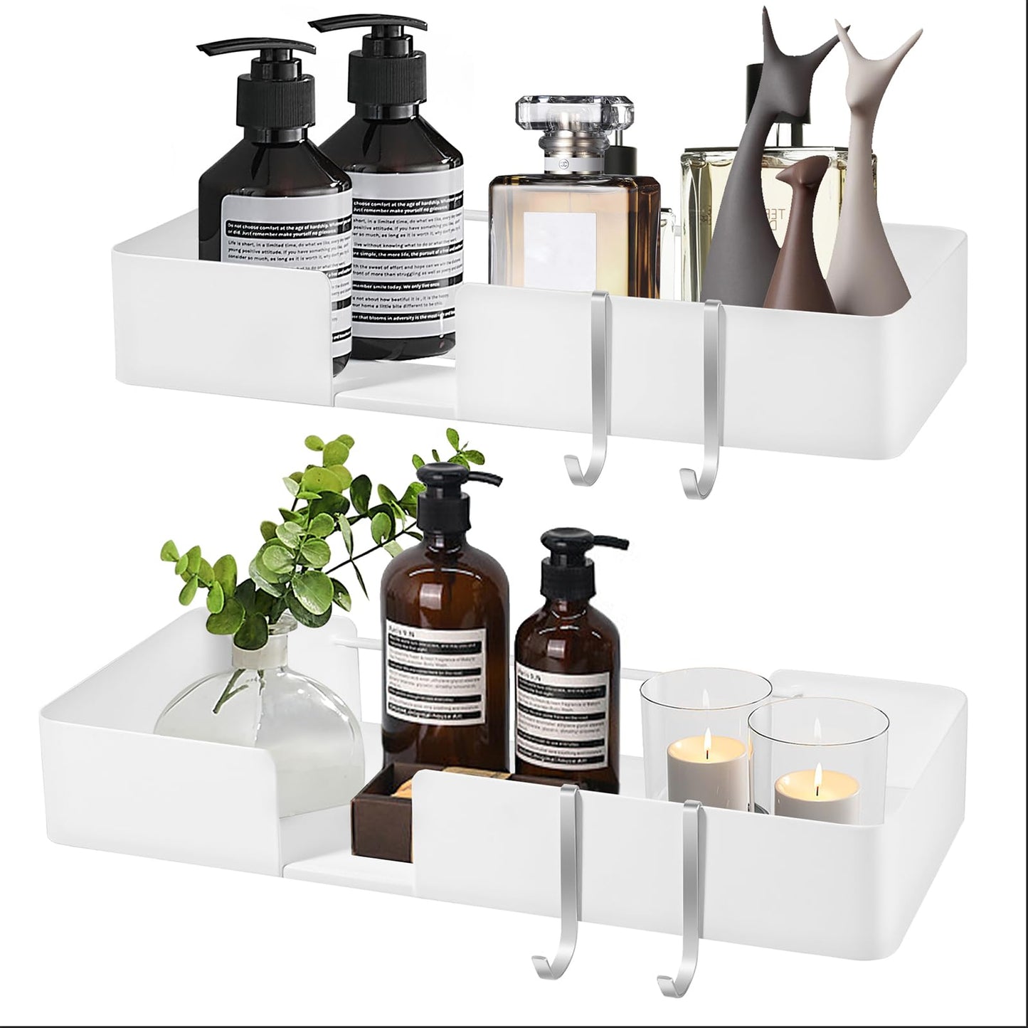 ABCOOL Shower Caddy Floating Bathroom Shelves - Set of 2, No Drill Wall Mounted Adhesive Hanging Shelves with Hooks Decorative Storage Shelves for