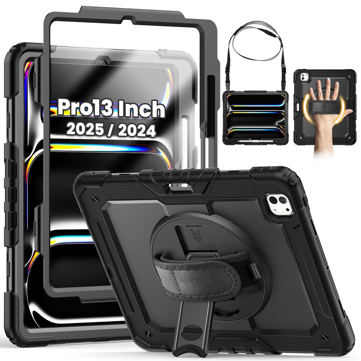 SEYMCY Case for iPad Pro 13 inch 2025(M5)/2024(M4), Full-body Shockproof with Screen Protector, 360? Rotating Stand & Hand Strap, Shoulder Strap,