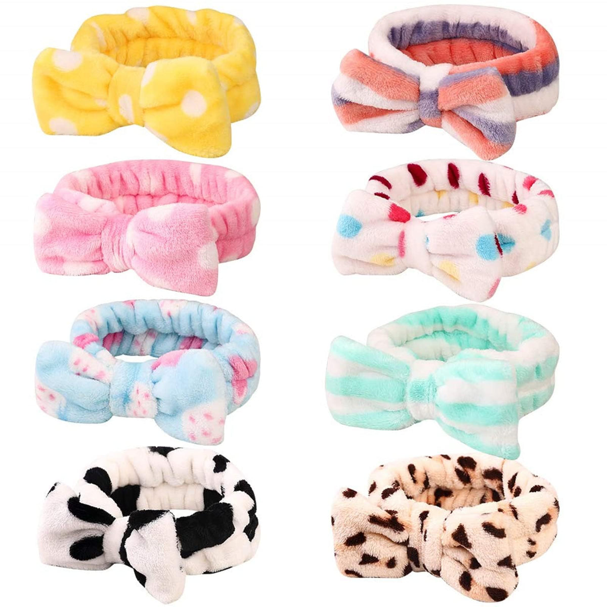 Pack of 8 Spa Headbands, Coral Fleece Makeup Headband, Cosmetic Headband for Washing Face, Bow Headbands for Shower, Terry Cloth for Women, Face Hair
